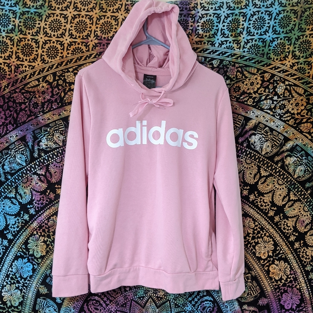 Adidas hoodie women's large logo spellout pink